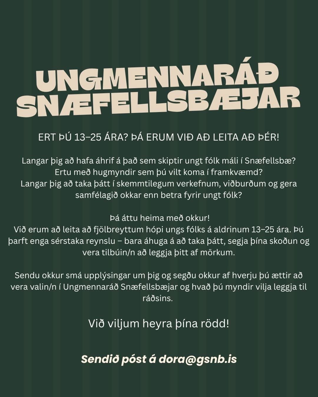 Snæfellsbær óskar eftir áhugasömum einstaklingum í ungmennráð Snæfellsbæjar