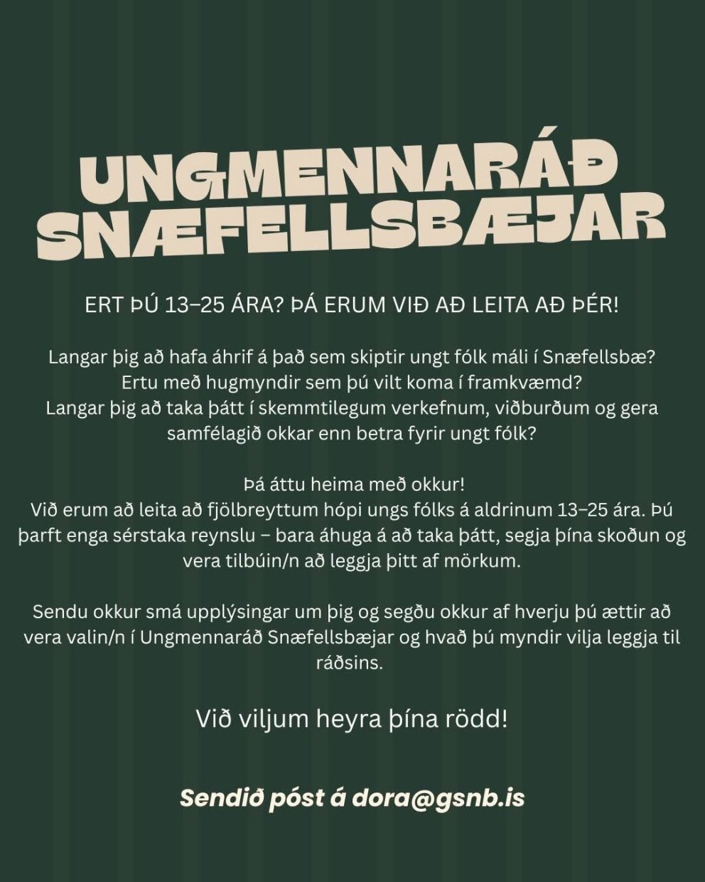 Snæfellsbær óskar eftir áhugasömum einstaklingum í ungmennráð Snæfellsbæjar
