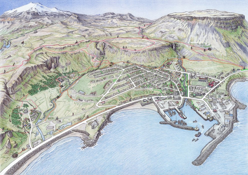 Glæsileg teikning af Ólafsvík prýðir borðkortið.