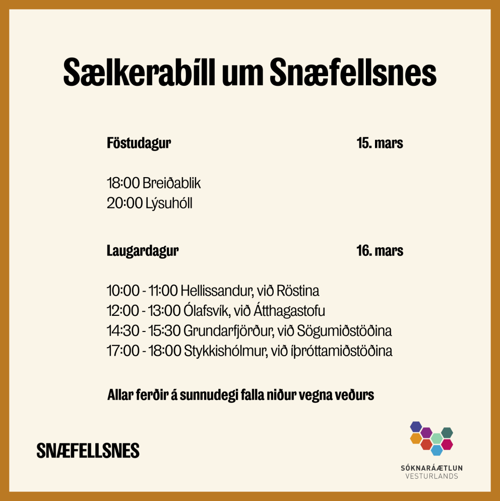 Sælkerabíll um Snæfellsnes helgina 16. - 17. mars