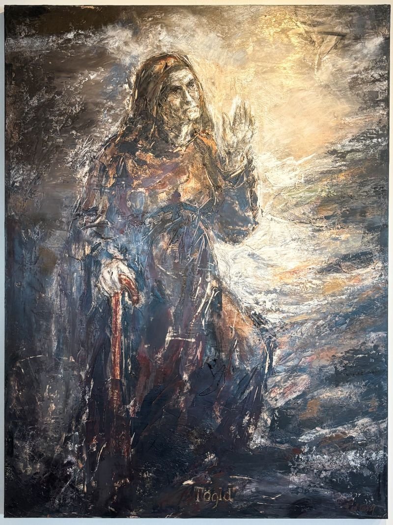 Málverk Baltasar Samper af sögupersónunum Hettu, Tögld og Iglu taka á móti fólki í Ráðhúsinu.