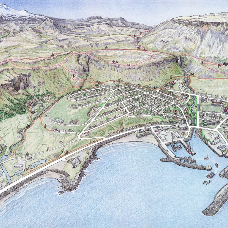 Glæsileg teikning af Ólafsvík prýðir borðkortið.