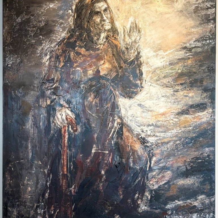 Málverk Baltasar Samper af sögupersónunum Hettu, Tögld og Iglu taka á móti fólki í Ráðhúsinu.