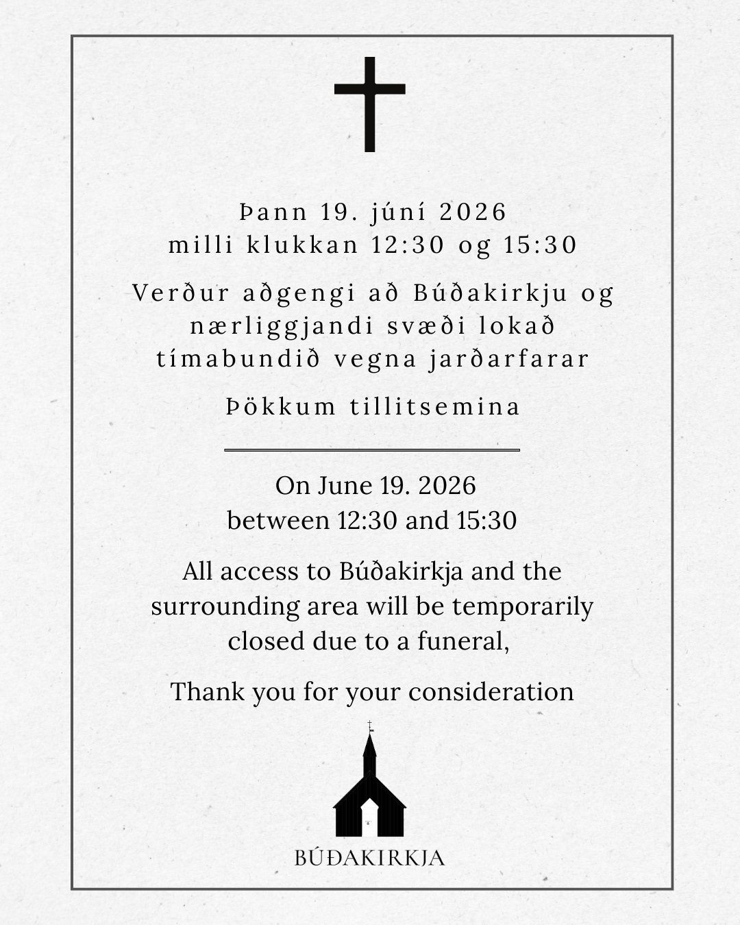 Vegalokun 19. júní 2026 milli 12:30 og 15:30
