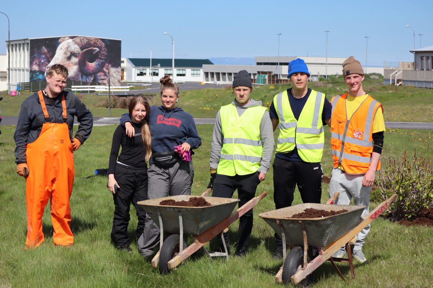 Brosmild ungmenni að njóta útiveru í sumarvinnu hjá Snæfellsbæ.